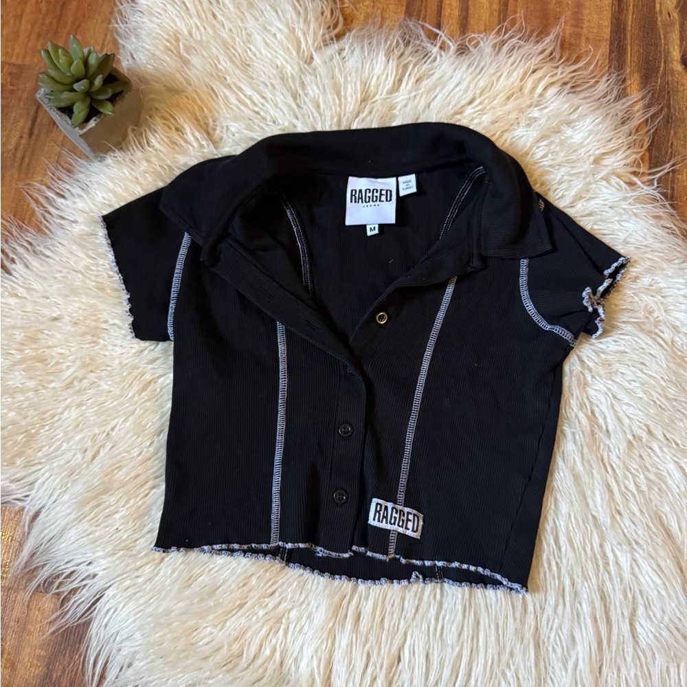 Ragged Jeans Collared Button Down Crop Tee Black